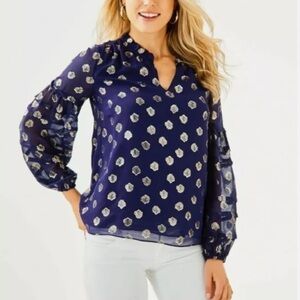 Lilly Pulitzer Navy and White Patterned Blouse silk top